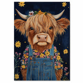 Highland Cow Wall Art Happy Cow in Overalls with Flowers Whimsical Rustic Farmhouse Decor for Kids Room Bedroom or Gift for Cow and Animal Art Lovers on Ready to Hang 1.5" Thick Canvas Wrap, Floating Framed Canvas, Flat Rolled Canvas